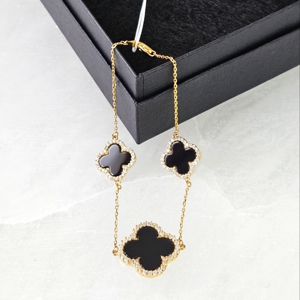 Rachel Zoe Three Clover Bracelet in Onyx and Gold Plated Sterling Silver NWT - Picture 1 of 7